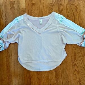 Free People - We The Free Light Pink V-Neck Top with White Embroidered Sleeves